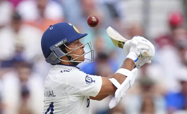 India's Yashasvi Jaiswal plays a shot during the third day of the fifth cricket test match between England and India at The Kia Oval in London, Saturday, Aug. 2, 2025. (AP Photo/Kirsty Wigglesworth)