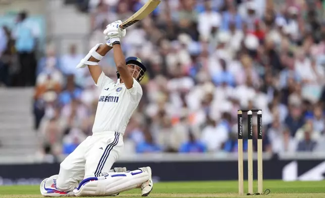India's Yashasvi Jaiswal plays a shot during the third day of the fifth cricket test match between England and India at The Kia Oval in London, Saturday, Aug. 2, 2025. (AP Photo/Kirsty Wigglesworth)