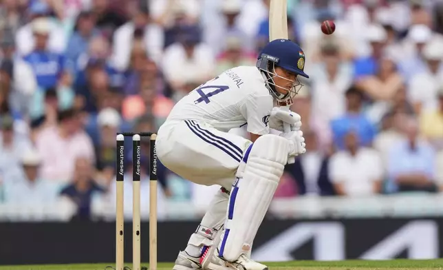 India's Yashasvi Jaiswal plays a shot during the third day of the fifth cricket test match between England and India at The Kia Oval in London, Saturday, Aug. 2, 2025. (AP Photo/Kirsty Wigglesworth)