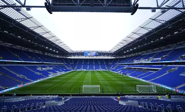 A general view from inside Everton's new Hill Dickinson Stadium ahead of a pre-season friendly soccer match in Liverpool, England, Saturday Aug. 9, 2025. (Peter Byrne//PA via AP)