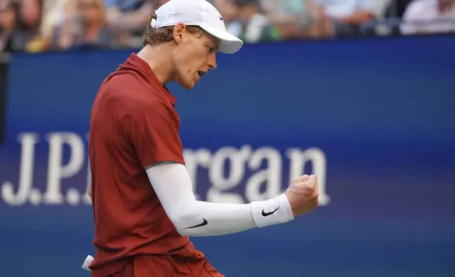 Jannik Sinner, of Italy, reacts to a shot against Denis Shapovalov, of Canada, during the third round of the U.S. Open tennis championships, Saturday, Aug. 30, 2025, in New York. (AP Photo/Kirsty Wigglesworth)