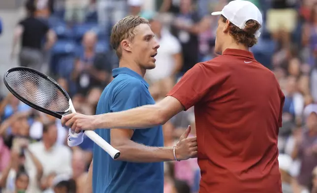 Jannik Sinner, of Italy, reacts after winning his match against Denis Shapovalov, of Canada, during the third round of the U.S. Open tennis championships, Saturday, Aug. 30, 2025, in New York. (AP Photo/Kirsty Wigglesworth)