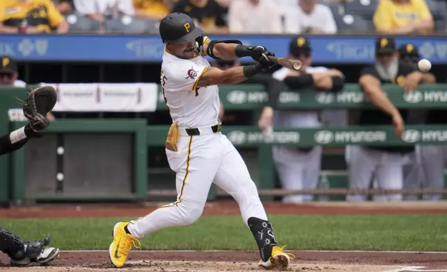 Pittsburgh Pirates' Nick Gonzales hits an RBI single off of San Francisco Giants pitcher Robbie Ray during the first inning of a baseball game in Pittsburgh, Wednesday, Aug. 6, 2025. (AP Photo/Gene J. Puskar)