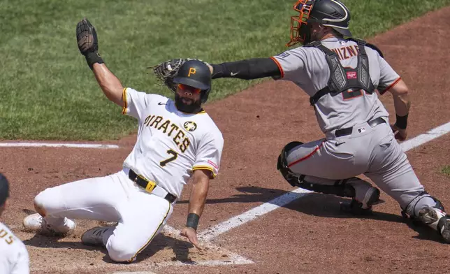 Pittsburgh Pirates' Isiah Kiner-Falefa (7) slides around the swipe tag attempt by San Francisco Giants catcher Andrew Knizner to score on a sacrifice fly by Tommy Pham during the fifth inning of a baseball game in Pittsburgh, Wednesday, Aug. 6, 2025. (AP Photo/Gene J. Puskar)