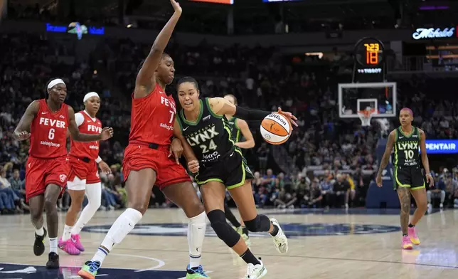 Minnesota Lynx forward Napheesa Collier (24) works toward the basket as Indiana Fever forward Aliyah Boston (7) defends during the first half of a WNBA basketball game Sunday, Aug. 24, 2025, in Minneapolis. (AP Photo/Abbie Parr)