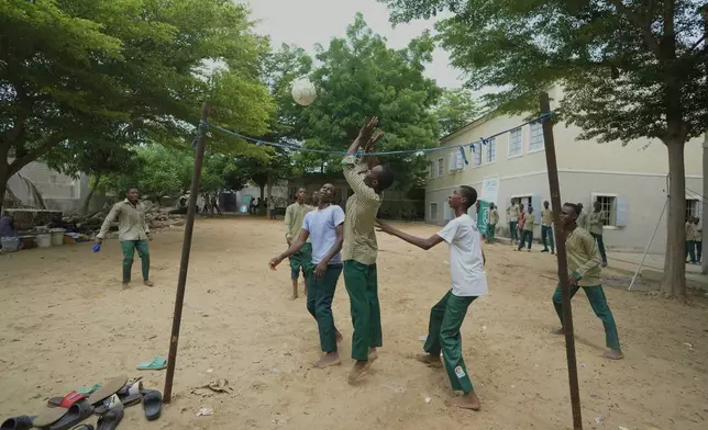 Students of the Future Prowess Islamic Foundation School play soccer during break time, in Maiduguri, Nigeria, Thursday, July 24, 2025. (AP Photo/Sunday Alamba)