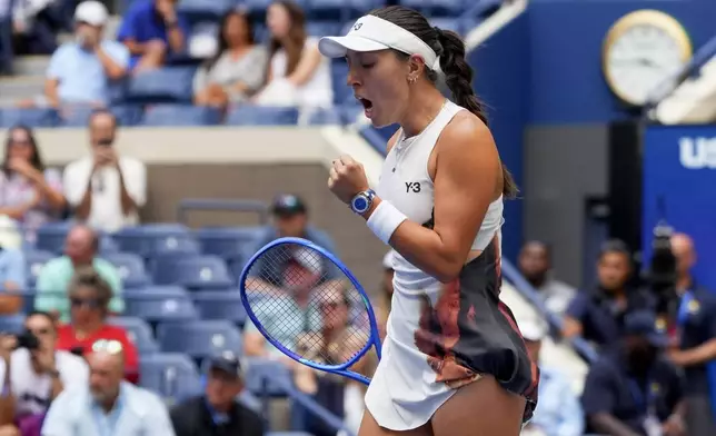 Jessica Pegula, of the United States, reacts after defeating Anna Blinkova, of Russia, during the second round of the U.S. Open tennis championships, Wednesday, Aug. 27, 2025, in New York. (AP Photo/Kirsty Wigglesworth)