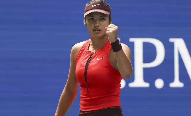 Emma Raducanu, of Great Britain, reacts after scoring a point against Janice Tjen, of Indonesia, during the second round of the U.S. Open tennis championships, Wednesday, Aug. 27, 2025, in New York. (AP Photo/Andres Kudacki)
