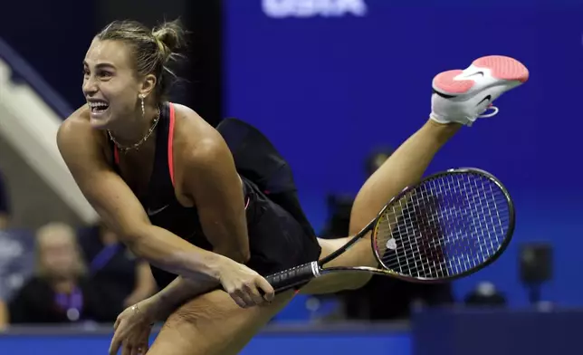 Aryna Sabalenka, of Belarus, serves against Polina Kudermetova, of Russia, during the second round of the U.S. Open tennis championships, Wednesday, Aug. 27, 2025, in New York. (AP Photo/Adam Hunger)