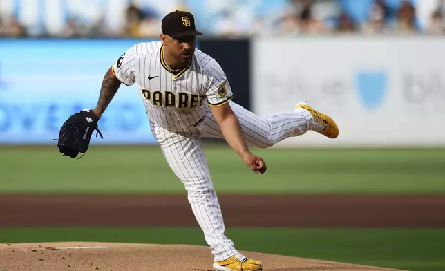 San Diego Padres' Nestor Cortes follows through on a pitch against the Los Angeles Dodgers in the first inning of a baseball game Saturday, Aug. 23, 2025, in San Diego. (AP Photo/Derrick Tuskan)
