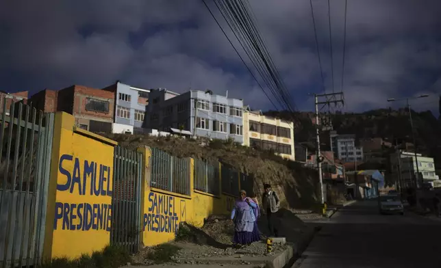 A woman walks past a mural promoting presidential candidate Samuel Doria Medina prior to Sunday's presidential and legislative elections in La Paz, Bolivia, Thursday, Aug. 14, 2025. (AP Photo/Natacha Pisarenko)