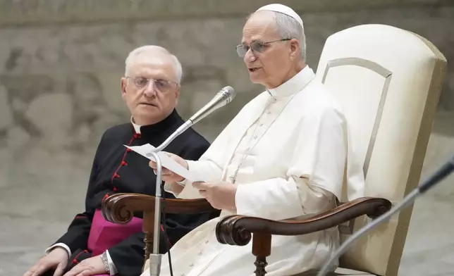 Pope Leo XIV reads his message during the weekly general audience at the Vatican, Wednesday, Aug. 27, 2025. (AP Photo/Gregorio Borgia)
