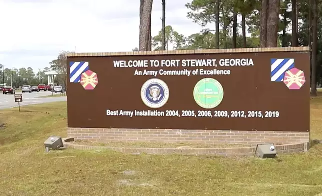 This image from video provided by the U.S. Army via DVIDS shows the entrance to Fort Stewart in Georgia on Nov. 18, 2021. (Staff Sgt. Daniel Guerrero/U.S. Army via AP)