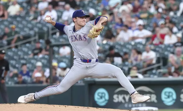 Texas Rangers pitcher Jack Leiter throws to the Athletics during the first inning of a baseball game Friday, Aug. 29, 2025, in West Sacramento, Calif. (AP Photo/Sara Nevis)