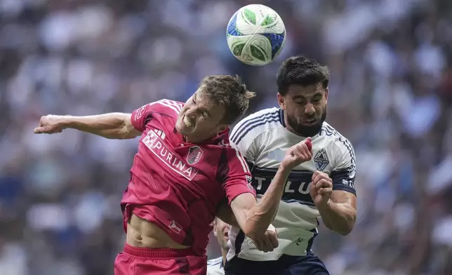 St. Louis City's Henry Kessler, left, and Vancouver Whitecaps Brian White vie for the ball during the first half of an MLS soccer match, in Vancouver, on Saturday, August 23, 2025. (Darryl Dyck/The Canadian Press via AP)