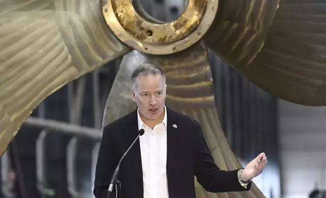 Stephen Fuhr, Canada's Secretary of State (Defence Procurement), speaks during a steel cutting ceremony for the beginning of construction of the Polar Max Icebreaker in Helsinki Shipyard in Helsinki, Finland, Wednesday, Aug. 20, 2025. (Markku Ulander/Lehtikuva via AP)