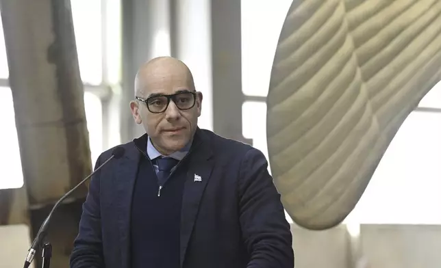 Quebec's Minister of Economy Christopher Skeete speaks during a steel cutting ceremony for the beginning of construction of the Polar Max Icebreaker in Helsinki Shipyard in Helsinki, Finland, Wednesday, Aug. 20, 2025. (Markku Ulander/Lehtikuva via AP)