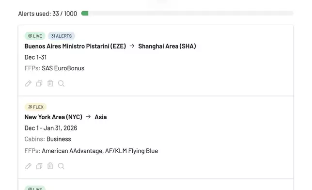 The main Alerts dashboard in AwardFares, where users can manage all their active Live and Flex alerts in one place, with options to edit, duplicate, delete, or instantly trigger a new search.