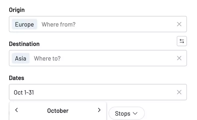 Creating a Flex Alert for broad, discovery-focused searches is simple. Users can set entire regions like Europe to Asia and select a wide date range to get notified about new travel opportunities.