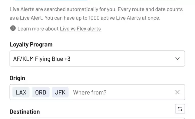 Setting up a precise Live Alert to monitor multiple origin and destination airports simultaneously. This allows users to track specific routes from various departure points to their chosen destination in a single alert.