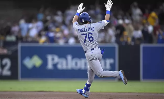 Los Angeles Dodgers' Alex Freeland rounds the bases after hitting a solo home run during the third inning of a baseball game against the San Diego Padres, Friday, Aug. 22, 2025, in San Diego. (AP Photo/Orlando Ramirez)