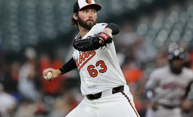 Baltimore Orioles starting pitcher Brandon Young delivers during the first inning of a baseball game against the Houston Astros, Thursday, Aug. 21, 2025, in Baltimore. (AP Photo/Stephanie Scarbrough)