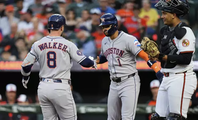 Houston Astros' Christian Walker (8) celebrates with Carlos Correa (1) after hitting a two-run home run during the first inning of a baseball game against the Baltimore Orioles, Thursday, Aug. 21, 2025, in Baltimore. (AP Photo/Stephanie Scarbrough)
