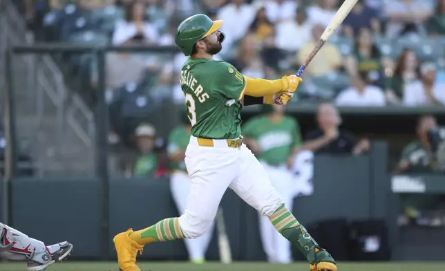 Athletics' Shea Langeliers watches his two-run home run during the first inning of a baseball game against the Arizona Diamondbacks, Friday, Aug. 1, 2025, in West Sacramento, Calif. (AP Photo/Scott Marshall)