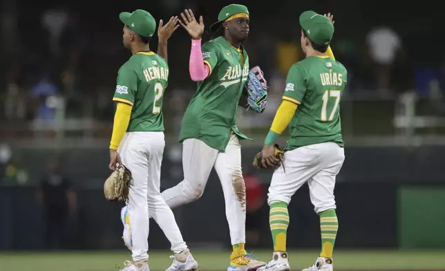 Athletics Lawrence Butler, middle, high fives teammates as the Athletics celebrate the teams win over the Arizona Diamondbacks in a baseball game Friday, Aug. 1, 2025, in West Sacramento, Calif. (AP Photo/Scott Marshall)