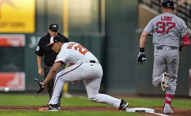 Baltimore Orioles first baseman Samuel Basallo (29) makes the out at first base as Boston Red Sox's Nathaniel Lowe (37) is unable to beat the throw during the second inning of a baseball game, Tuesday, Aug. 26, 2025, in Baltimore. (AP Photo/Stephanie Scarbrough)