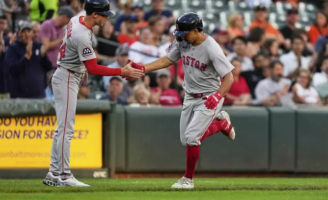 Boston Red Sox's David Hamilton, right, celebrates with third base coach/outfield instructor Kyle Hudson after hitting a home run during the third inning of a baseball game against the Baltimore Orioles, Tuesday, Aug. 26, 2025, in Baltimore. (AP Photo/Stephanie Scarbrough)