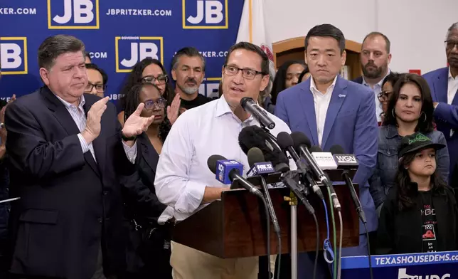 Former Texas House Democratic Caucus Chair Trey Martinez Fischer speaks about Texas Republican plans to redraw the House map during a press conference at the Democratic Party of DuPage County office in Carol Stream, IL on Sunday, Aug. 3, 2025. (AP Photo/Mark Black)