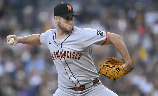 San Francisco Giants starting pitcher Landen Roupp works against a San Diego Padres batter during the first inning of a baseball game Wednesday, Aug. 20, 2025, in San Diego. (AP Photo/Orlando Ramirez)