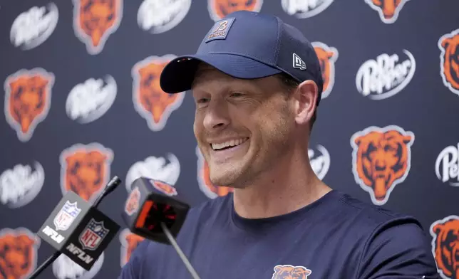 Chicago Bears head coach Ben Johnson speaks during a news conference following a preseason NFL football game against the Kansas City Chiefs Friday, Aug. 22, 2025, in Kansas City, Mo. (AP Photo/Ed Zurga)
