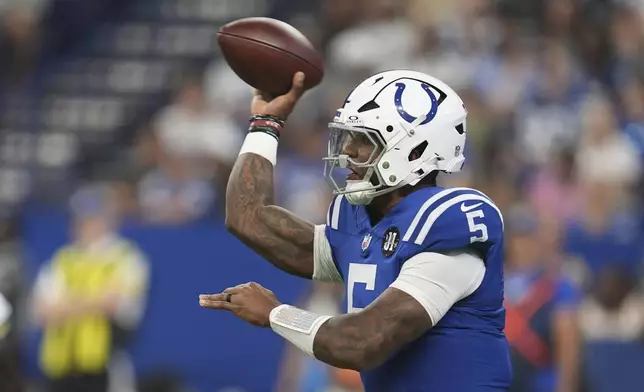 Indianapolis Colts quarterback Anthony Richardson Sr. throws during the first half of a preseason NFL football game against the Green Bay Packers, Saturday, Aug. 16, 2025, in Indianapolis. (AP Photo/Michael Conroy)