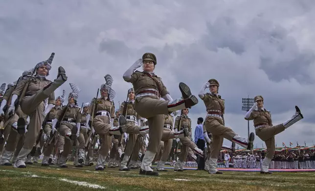Indian policewomen march during India's Independence Day celebrations in Srinagar, Indian controlled Kashmir, Friday, Aug. 15, 2025. (AP Photo/ Dar Yasin)