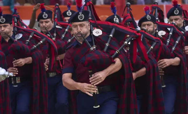 Bagpipers from Jammu Kashmir Police perform during India's Independence Day celebrations in Srinagar, Indian controlled Kashmir, Friday, Aug. 15, 2025. (AP Photo/Dar Yasin)