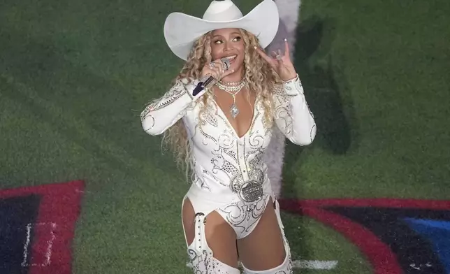 FILE - Beyoncé performs during halftime of an NFL football game between the Baltimore Ravens and Houston Texans, Dec. 25, 2024, in Houston. (AP Photo/Eric Christian Smith, file)