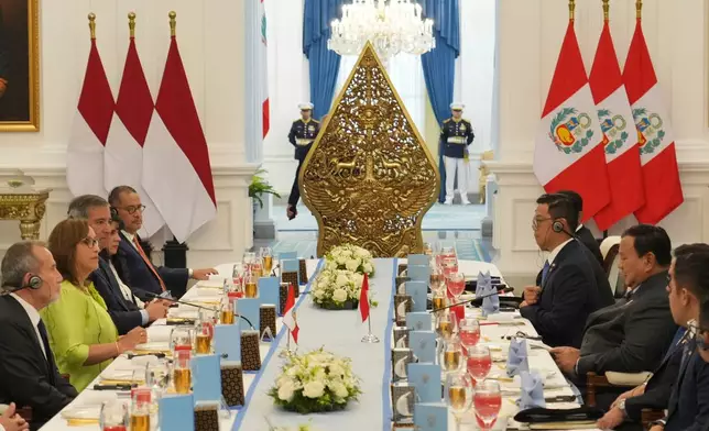 Peruvian President Dina Boluarte, second left, meets with his Indonesian counterpart Prabowo Subianto, second right, at Merdeka Palace in Jakarta, Indonesia, Monday, Aug. 11, 2025. (AP Photo/Achmad Ibrahim)