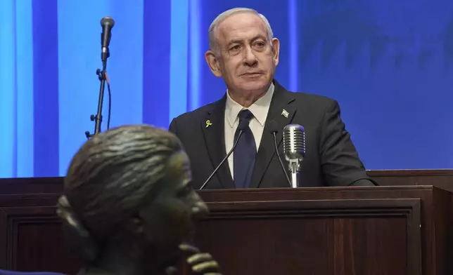 Israeli Prime Minister Benjamin Netanyahu speaks at the opening ceremony of the Knesset Museum in the old building of the Israeli parliament, in Jerusalem, Monday, Aug.11, 2025. (AP Photo/Ohad Zwigenberg, Pool)