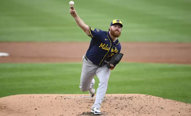 Milwaukee Brewers starting pitcher Brandon Woodruff throws during the second inning of a baseball game against the Washington Nationals, Saturday, Aug. 2, 2025, in Washington. (AP Photo/Nick Wass)