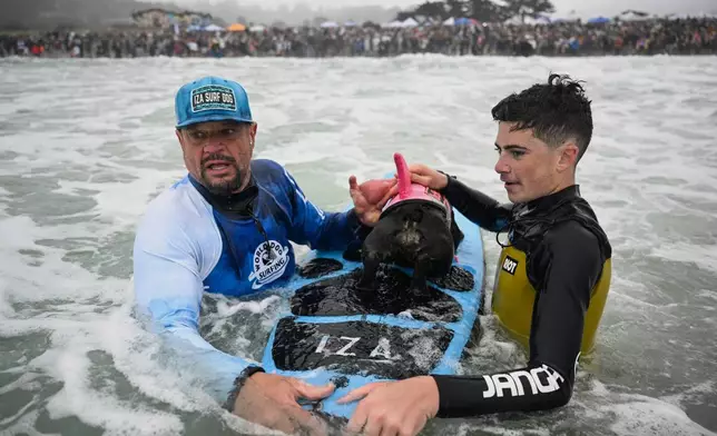 David Fasoli, left, and Mike Wall help Iza Surf Dog catch a wave during the World Dog Surfing Championships Saturday, Aug. 2, 2025, in Pacifica, Calif. (AP Photo/Eakin Howard)