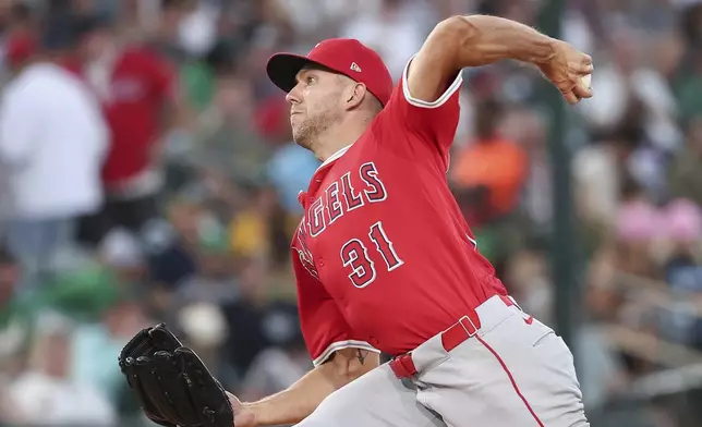 Los Angeles Angels pitcher Tyler Anderson delivers to the Athletics during the second inning of a baseball game Saturday, Aug. 16, 2025, in West Sacramento, Calif. (AP Photo/Sara Nevis)