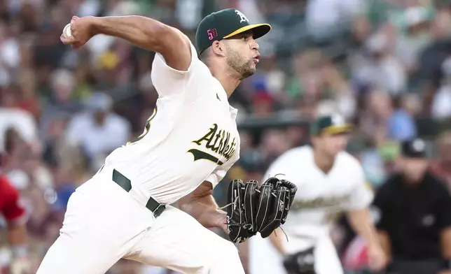 Athletics pitcher Luis Morales delivers to the Los Angeles Angels during the third inning of a baseball game Saturday, Aug. 16, 2025, in West Sacramento, Calif. (AP Photo/Sara Nevis)