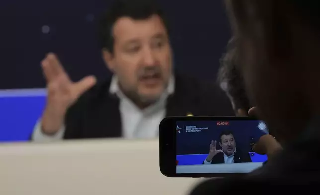 Italian Vice Premier and Minister of Transport Matteo Salvini holds a press conference about the decision to approve work on the Strait of Messina suspension bridge linking the Italian mainland with Sicily, in Rome, Wednesday, Aug. 6, 2025. (AP Photo/Andrew Medichini)