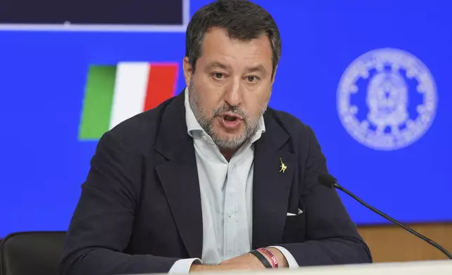 Italian Vice Premier and Minister of Transport Matteo Salvini holds a press conference about the decision to approve work on the Strait of Messina suspension bridge linking the Italian mainland with Sicily, in Rome, Wednesday, Aug. 6, 2025. (AP Photo/Andrew Medichini)