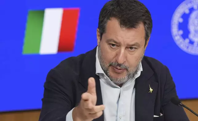 Italian Vice Premier and Minister of Transport Matteo Salvini holds a press conference about the decision to approve work on the Strait of Messina suspension bridge linking the Italian mainland with Sicily, in Rome, Wednesday, Aug. 6, 2025. (AP Photo/Andrew Medichini)