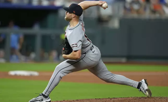 Detroit Tigers relief pitcher Will Vest throws during the ninth inning of a baseball game against the Kansas City Royals, Friday, Aug. 29, 2025, in Kansas City, Mo. (AP Photo/Charlie Riedel)