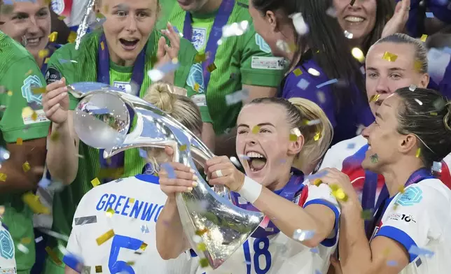 FILE - England's Chloe Kelly celebrates with the trophy as goalkeeper Hannah Hampton at left looks on after winning the Women's Euro 2025 final soccer match between England and Spain at St. Jakob-Park in Basel, Switzerland, Sunday, July 27, 2025. (AP Photo/Alessandra Tarantino, File)