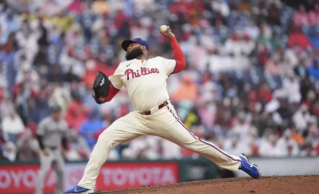 FILE - Philadelphia Phillies relief pitcher Jose Alvarado in action during a baseball game, May 4, 2025, in Philadelphia. (AP Photo/Matt Rourke, File)